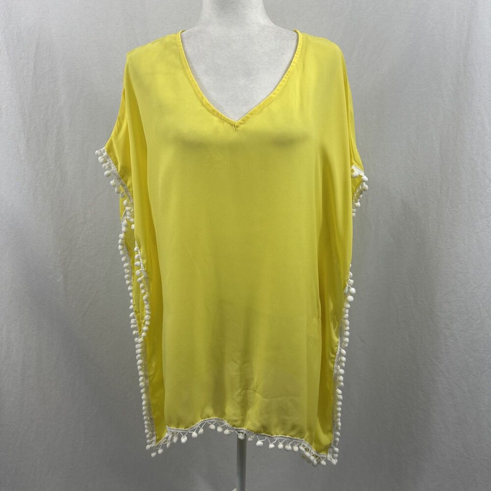 Adreamly Yellow Kaftan Kimono Pom Pom Beach Cover Up Womens Sz S Resortwear